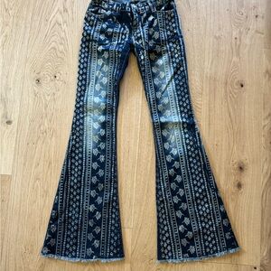 Free People Indigo Floral Stripe Flare Jeans